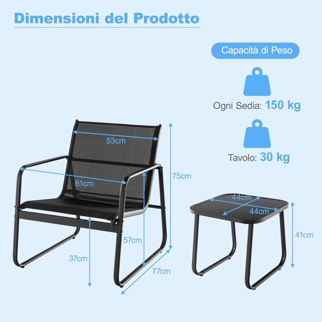 Set Tavolino e Sedie da Giardino, Set Bistrò 3 Pezzi, Set da Giardino in Metallo e Tessuto Textilene, Tavolino in Vetro Temperato, per Giardino, Cortile, Bordo Piscina (Nero)