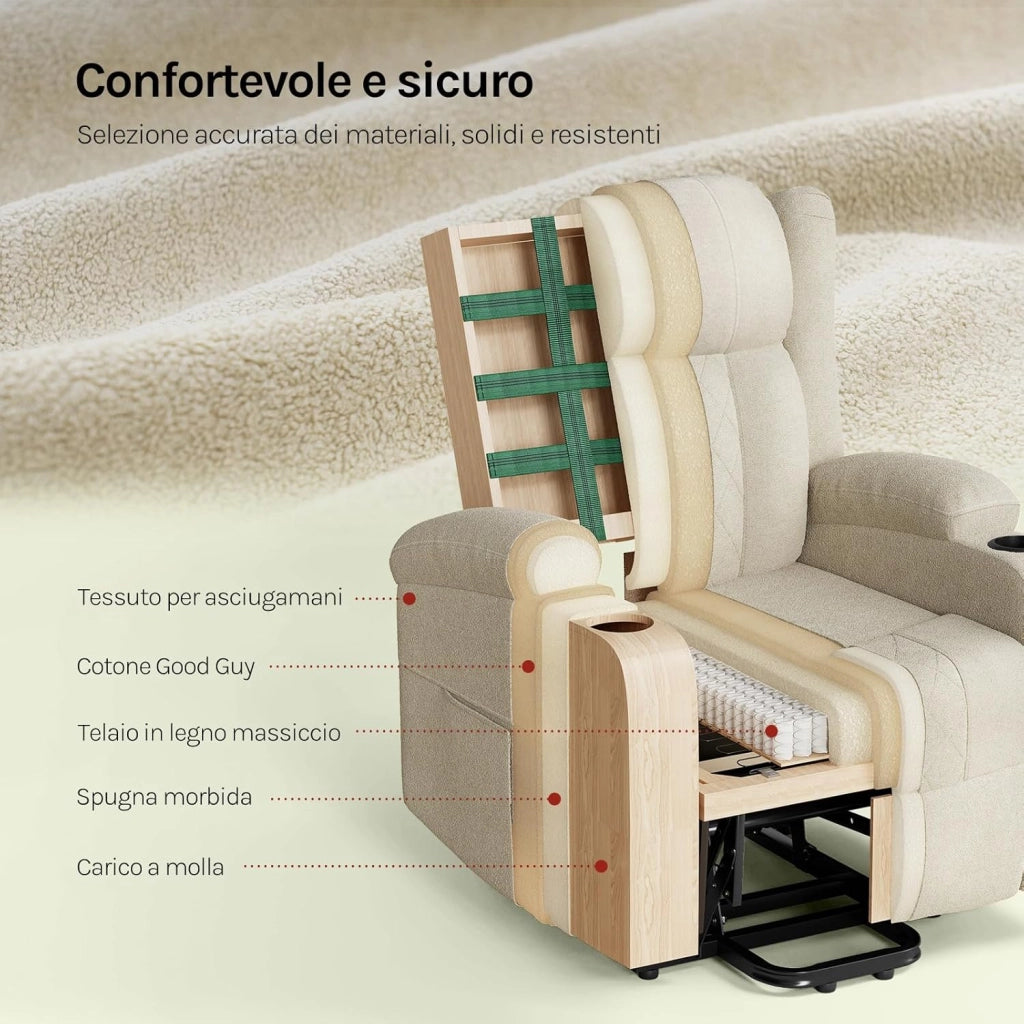 Poltrona Elettrica Reclinabile, Sedia Massaggiante con Alzapersone, Riscaldamento, Poggiapiedi, Tasche Laterali, Porta USB, Portabicchieri, per Soggiorno, Tessuto Spugna, Beige, SKS61be
