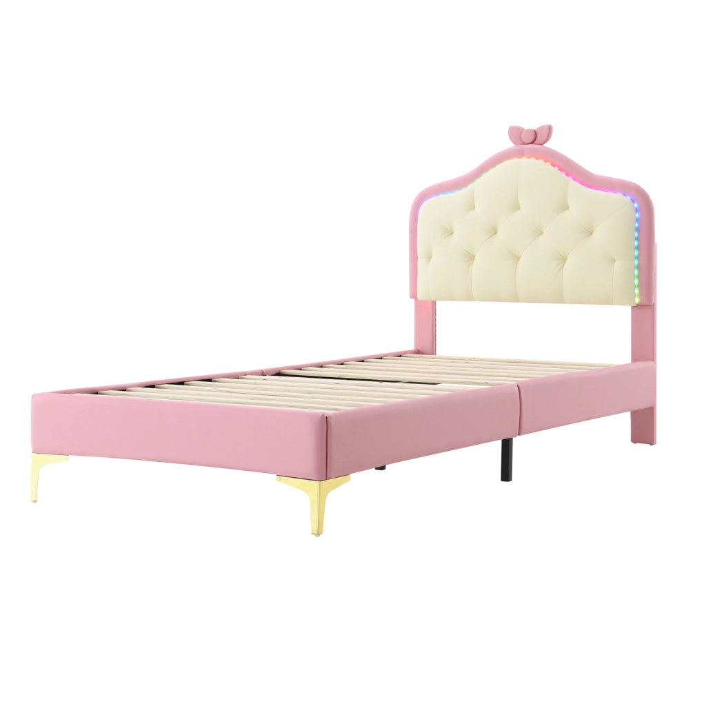 Letto imbottito 90x200 cm con LED e fiocco in PU bianco e rosa