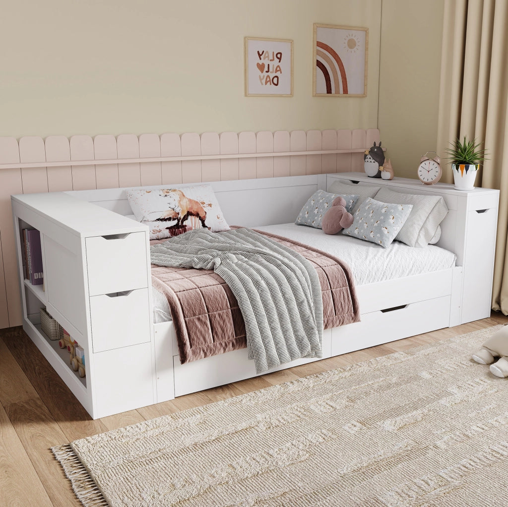 Letto singolo 90x190 cm con cassetti e vano contenitore; MDF; bianco