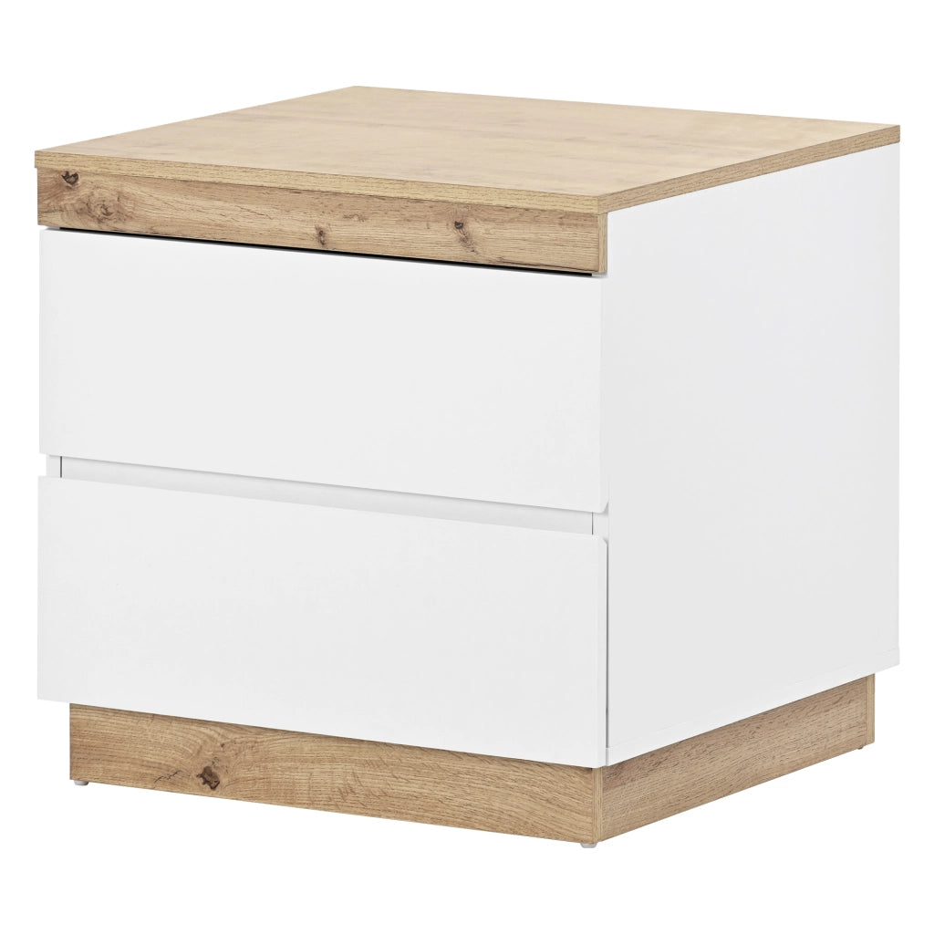Comodino classico con 2 cassetti, finitura bianco e rovere, in truciolare E1, per camera da letto
