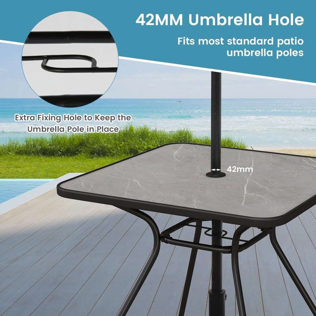 Tavolino da Giardino, Tavolo con Foro Centrale per Ombrellone, Tavolino Quadrato da Esterno, Struttura Metallica Portata 100 kg, Piano con Motivo a Finto Marmo, Nero
