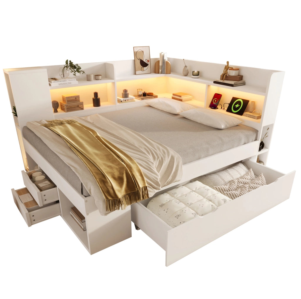 Letto da giorno 140x200 cm bianco con materasso; LED; cassetti; USB e Type-C