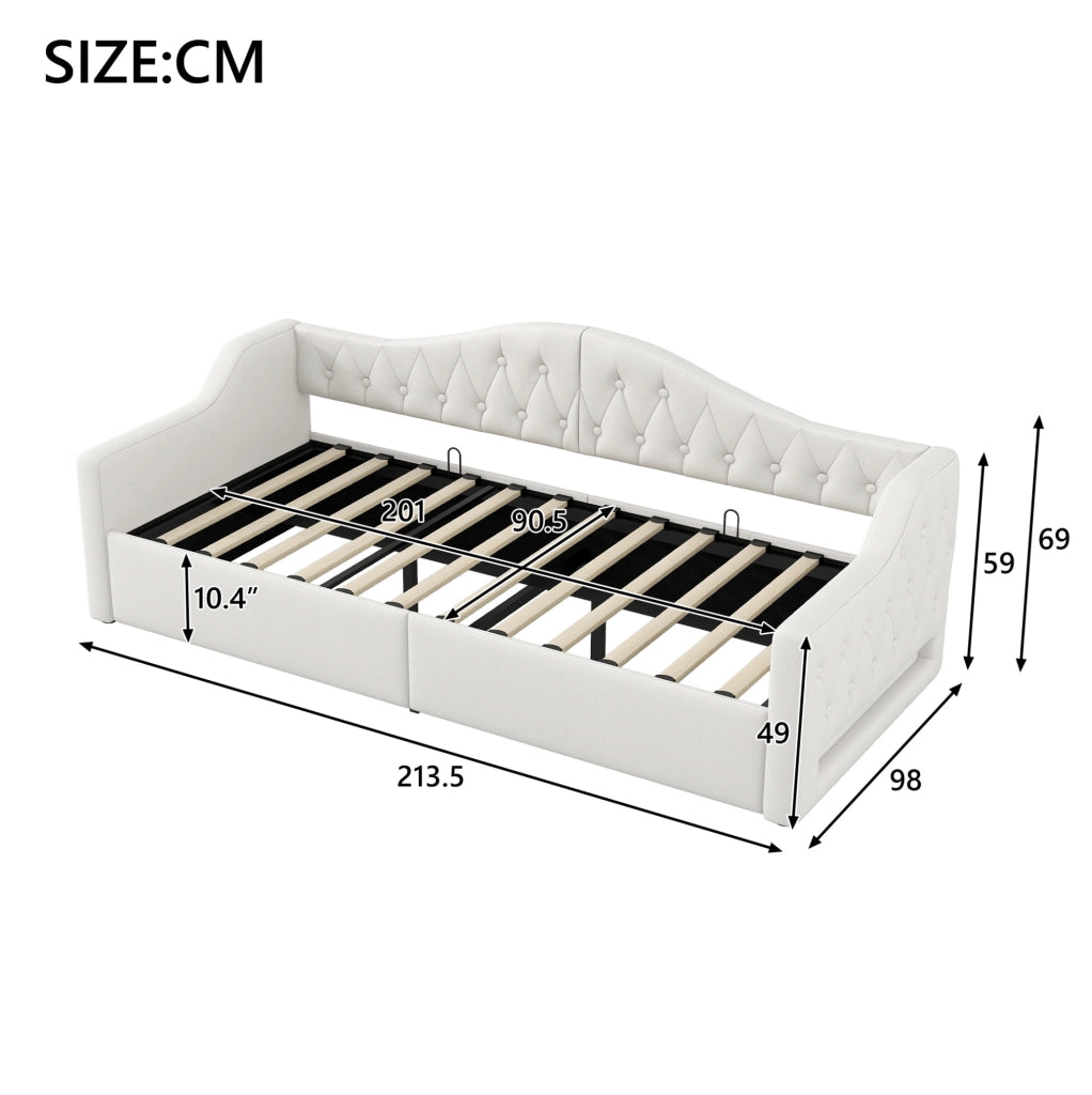 Letto da giorno imbottito 90x200 con LED e vano contenitivo, Beige