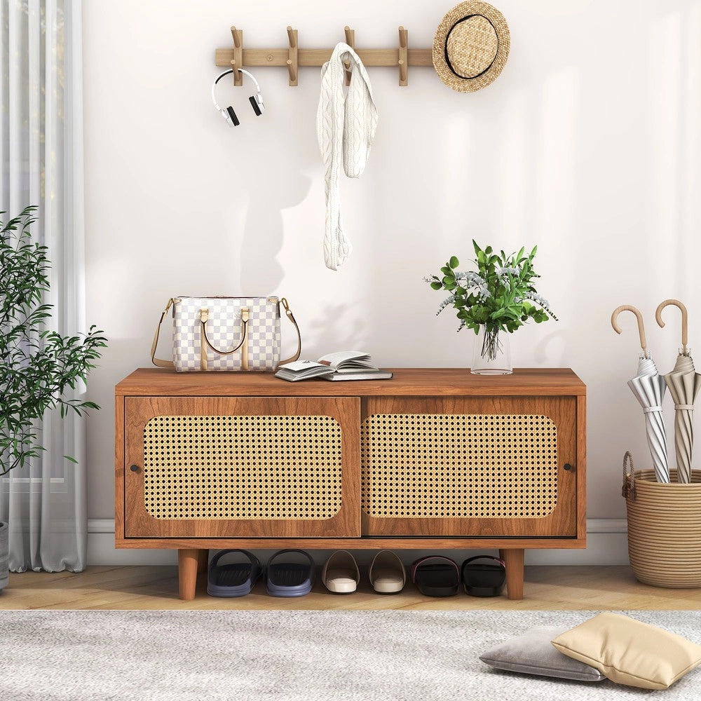 Scarpiera con 2 Ante in Rattan ¨C MINIMAL ¨C Legno Noce, Ripiani Regolabili, 104x40x48 cm
