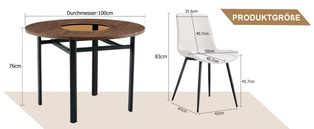 Tavolo da pranzo rotondo con 4 sedie, piano in MDF con inserto in vetro, per sala da pranzo e cucina, 100 cm