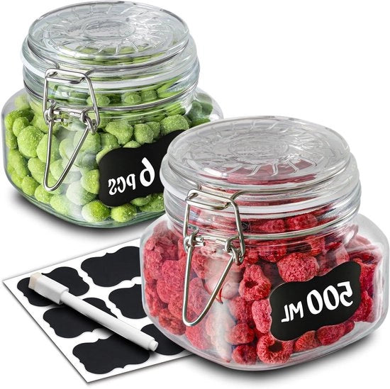 6 contenitori in acciaio inossidabile con chiusura a goccia 500ml - Con pennelli per etichetta e chiusure in silicone supplementari - Progettati per risparmiare spazio grazie alla forma angolata - Resistenti alla lavastoviglie