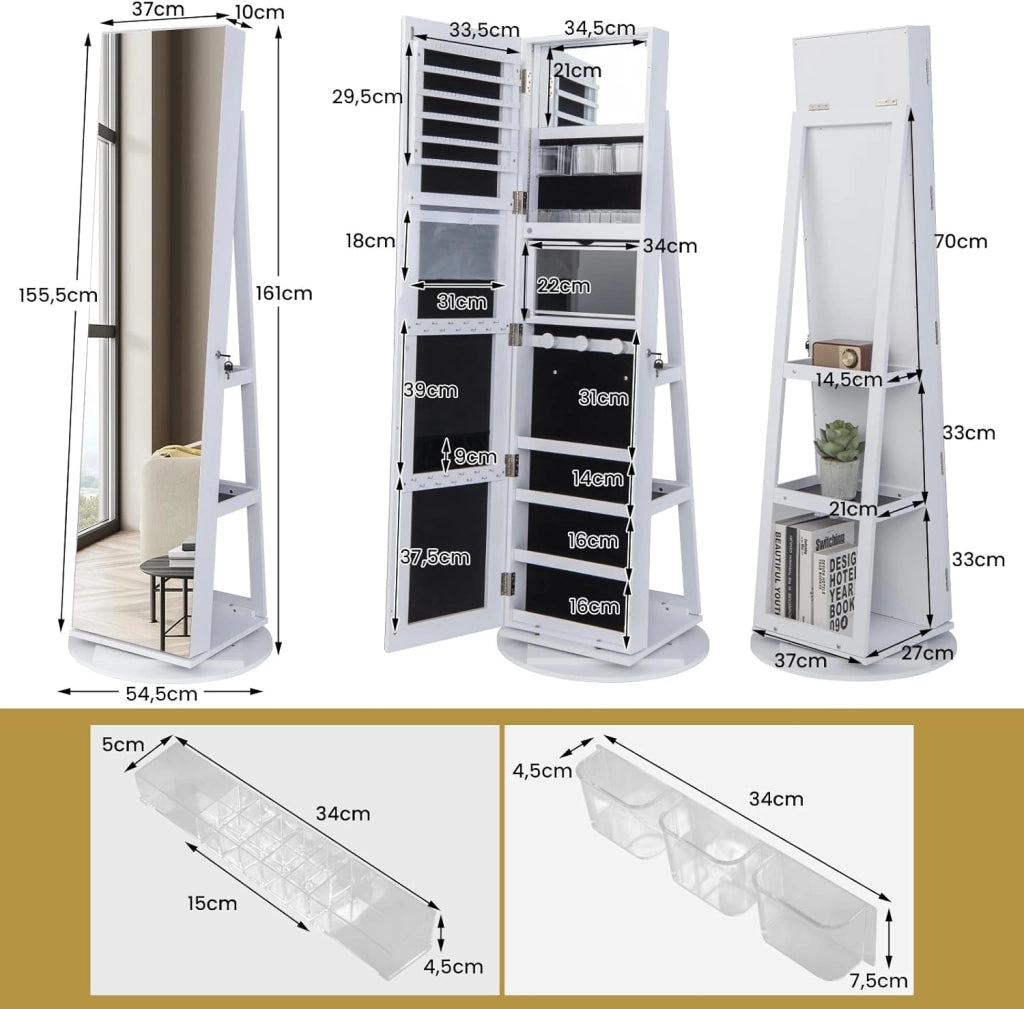 Armadietto per Gioielli Girevole a 360°, con Specchio a Figura Intera Luce a LED a 3 Colori, Specchio Interno per il Trucco con Serratura, 54,5 x 54,5 x 161cm (BIANCO)