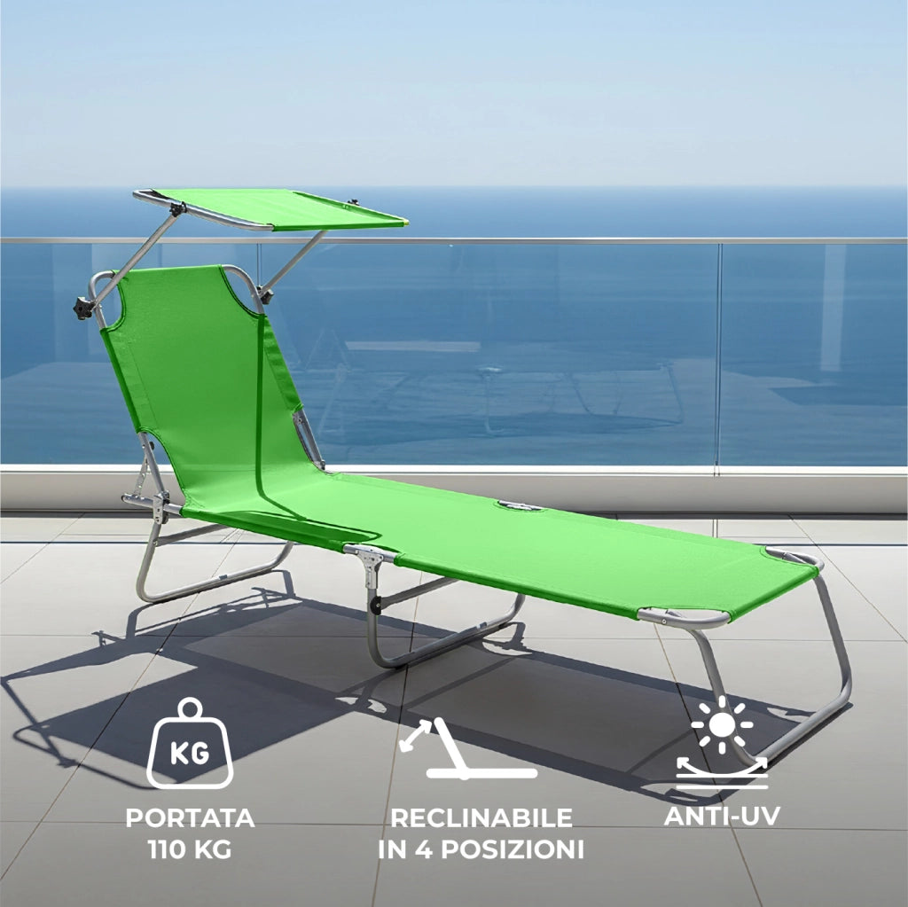 Coppia Lettini Prendisole Pieghevoli con Parasole Regolabile, Schienale Reclinabile in 4 Posizioni, Struttura in Acciaio Anti-Ruggine, Tessuto Impermeabile Anti-UV, Portata 110 kg Verde