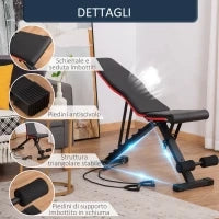 Panca Multifunzione per Addominali e Pesi, Inclinazione Regolabile ed Elastici, 130x48x48-109cm, Nero