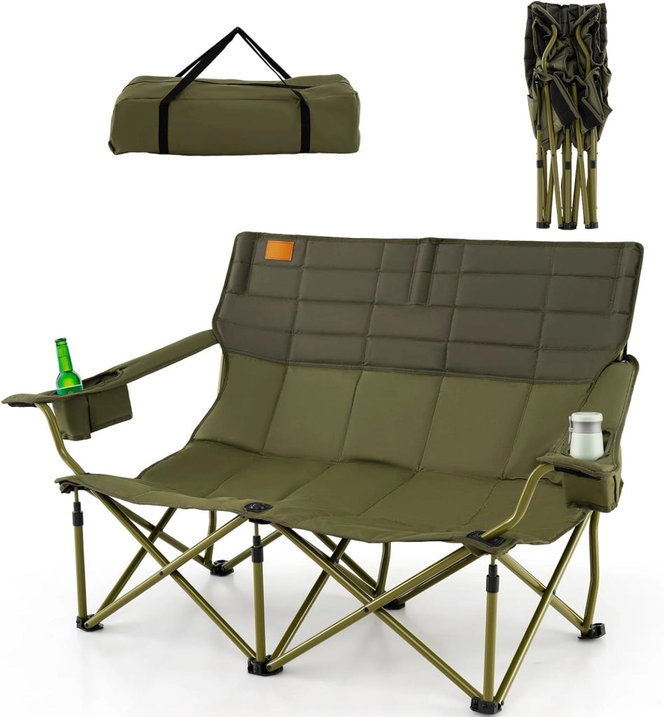 Sedia da Campeggio Pieghevole con Braccioli Regolabili, Sedia da Esterno Portatile con Borsa di Trasporto e Porta Bicchieri, Poltrona per 3 Persone, per Pesca, Giardino (Modello I- Verde)