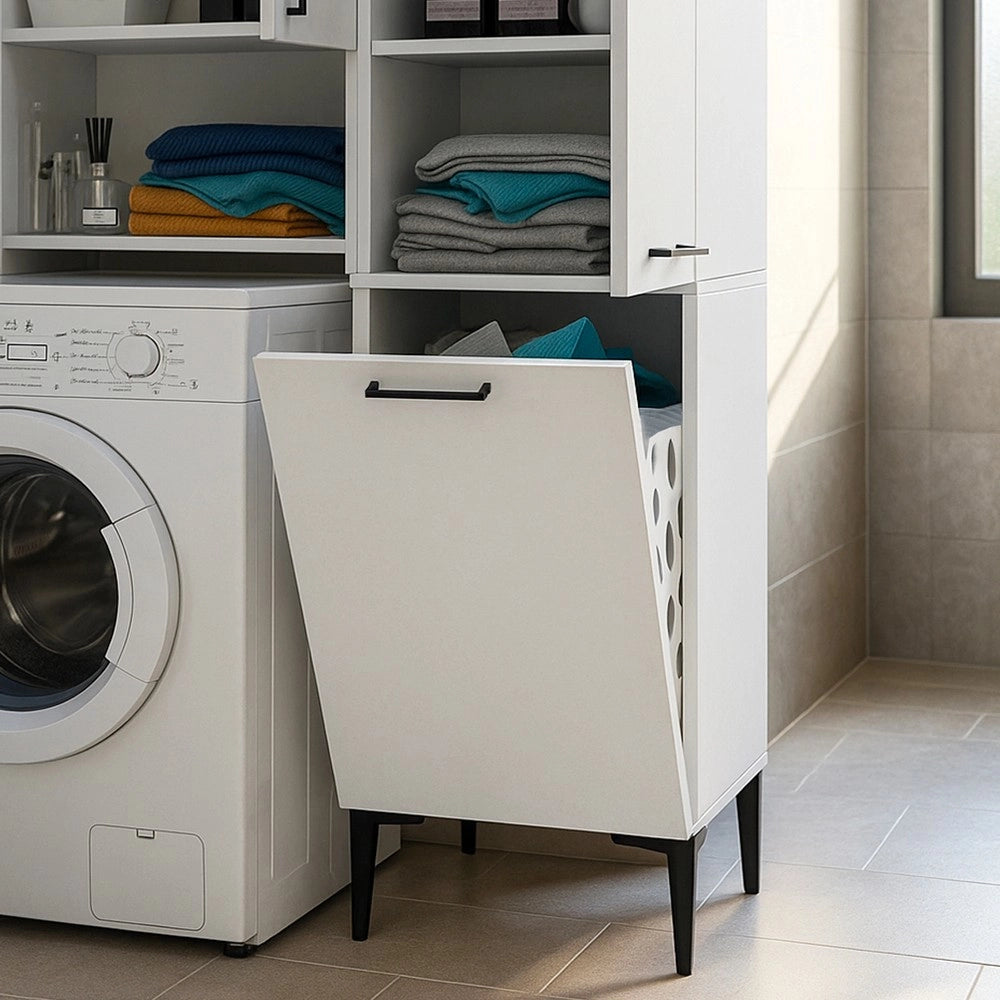 Mobile Multiuso Singa Bianco con Cesto Porta Biancheria e Ripiani – 180 cm