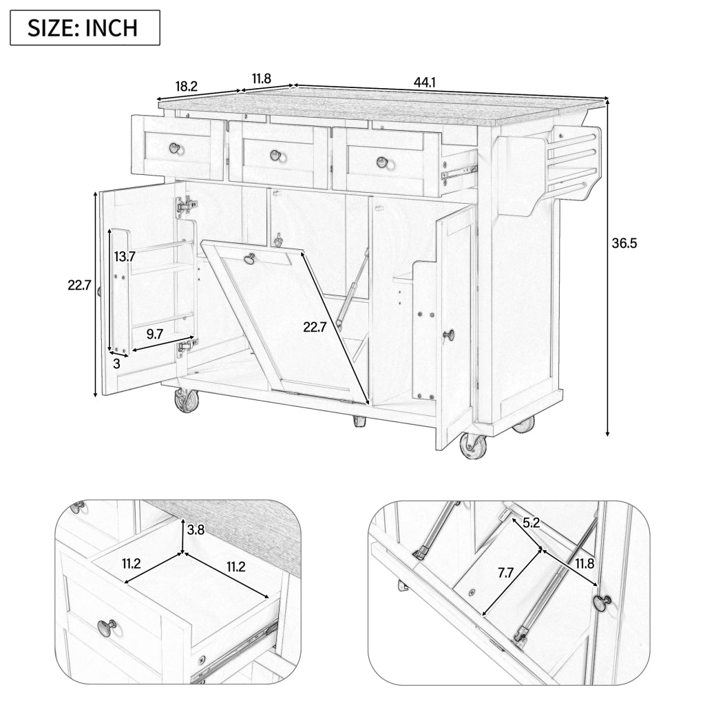 Isola da Cucina con Cassetti; Piano Estensibile; Vano per Rifiuti e Portasciugamani; Bianco e Naturale