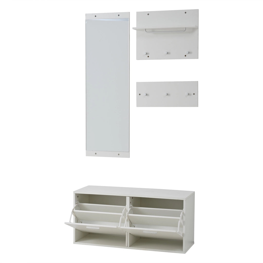 Mobili da ingresso a 4 pezzi con 2 appendiabiti, scarpiera a 2 livelli, specchio e 6 ganci, in truciolato, bianco