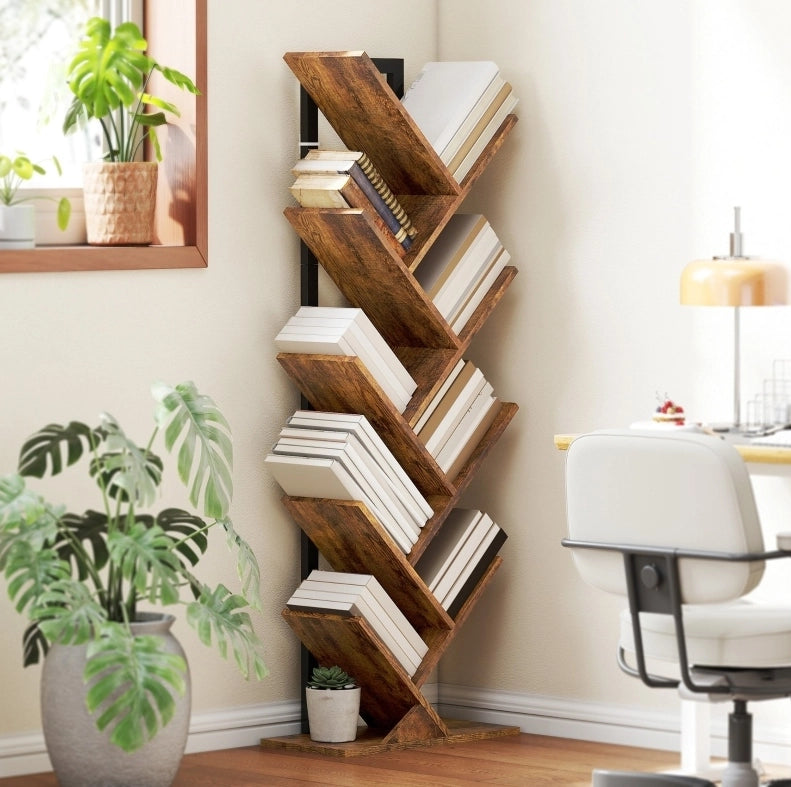 Libreria a 9 Ripiani a Forma di Albero in Acciaio, Marrone Rustico, 50x24x136 cm