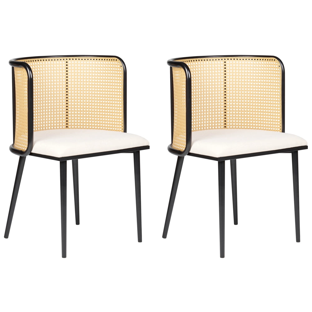 Set di 2 sedie da pranzo con seduta in tessuto e struttura in metallo nero effetto legno con intreccio viennese stile retrò soggiorno