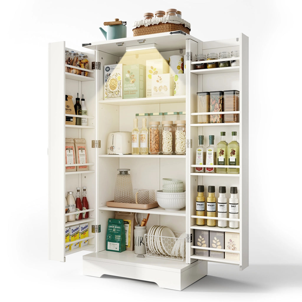 Credenza da cucina alta con 2 ante; ripiani regolabili e LED per cucina in MDF 60×35×128;5 cm Bianco