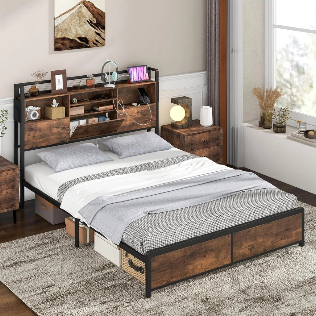 Telaio per letto in metallo industriale, con testata di stoccaggio e stazione di ricarica, con piattaforme matrimoniali/queen con doghe in metallo, design senza rumore (223,5 x 156 cm)