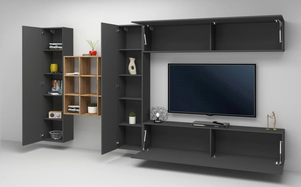 Parete attrezzata Agira, Set salotto porta TV a 4 ante, Mobile soggiorno multiuso, 100% Made in Italy, cm 350x30h180, Antracite