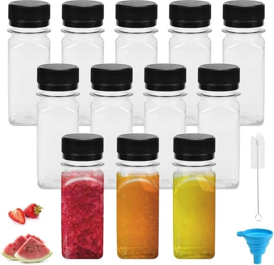 Pacco di 12 piccole bottiglie per riempimento di bottiglie di succo di plastica, bottiglie di ginseng 60 ml, bottiglie di plastica mini, bottiglie di smoothie vuote con spazzola a imbuto per ginseng schnapps