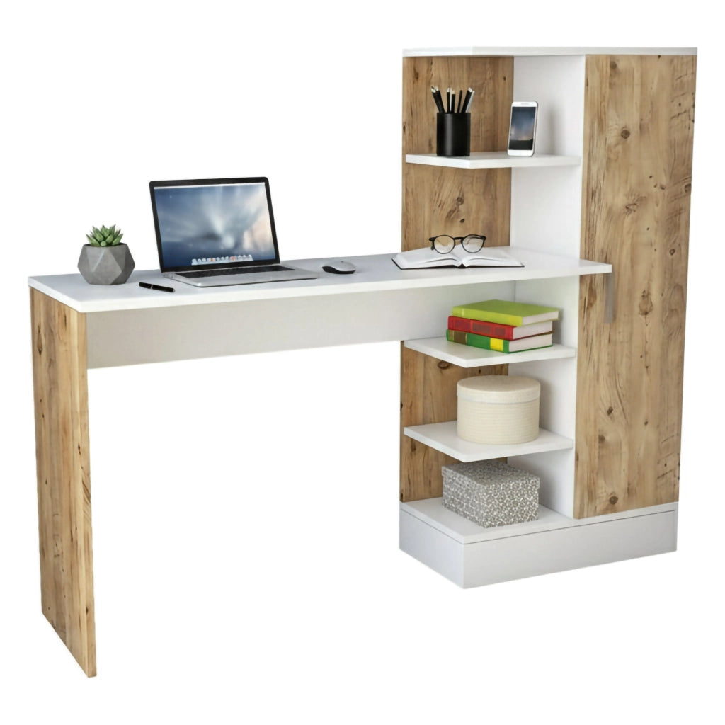 Scrivania Angaga, Scrittoio multiuso, Tavolo per ufficio porta PC, Piano di lavoro, 152x40h120 cm, Quercia e Bianco