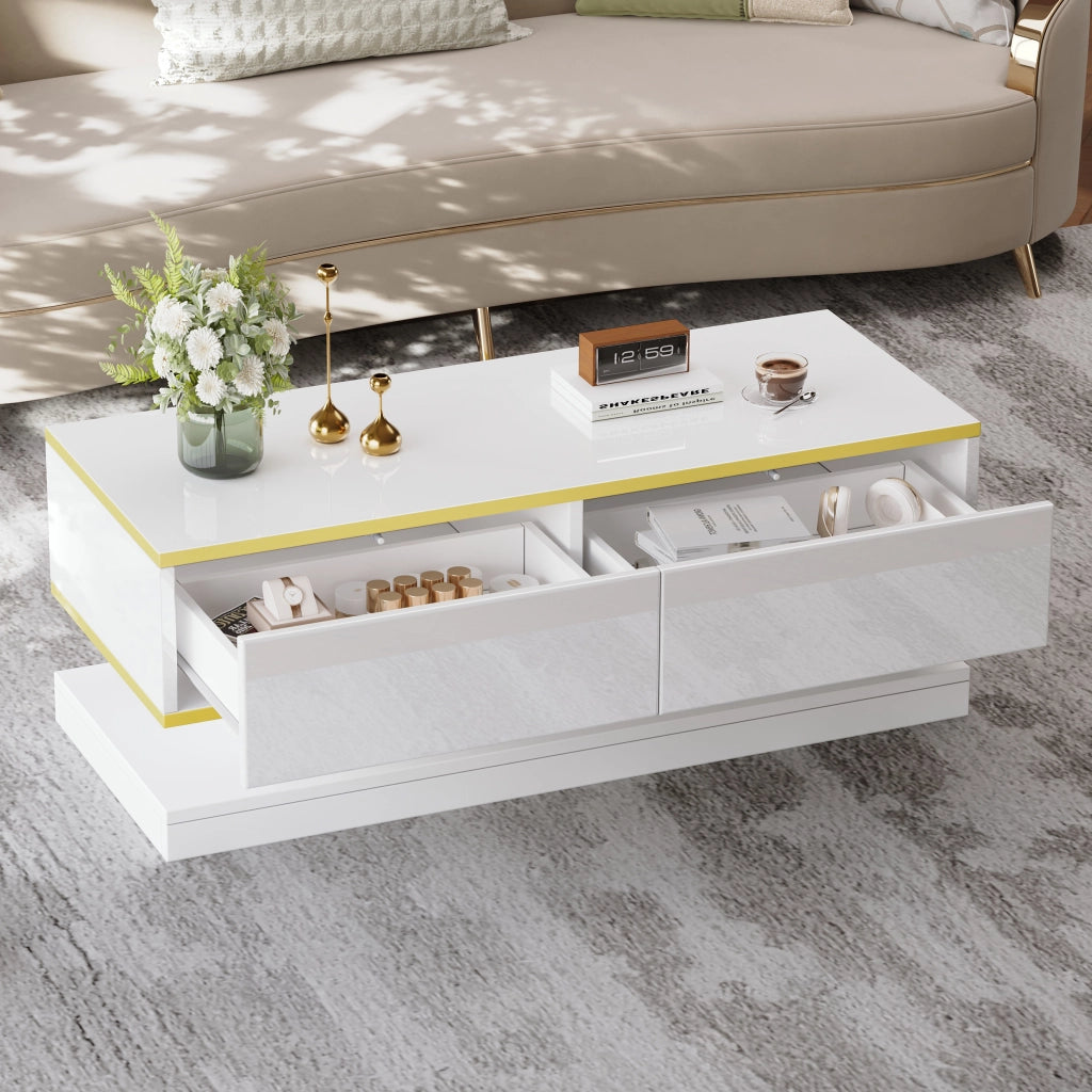 Tavolino da caffè con 2 cassetti - per soggiorno - in truciolato - 100x50x38 cm - bianco caldo e oro