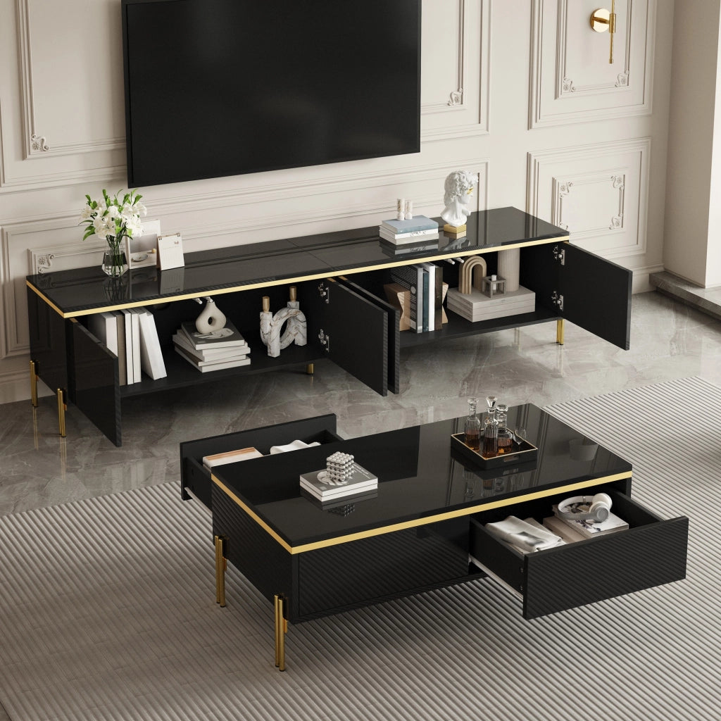 Set Mobile TV e Tavolino da Caffè con 1 Mobile TV e 1 Tavolino; Ampio Contenimento; Stile Lusso Sobrio; Pannelli di Particelle; Nero