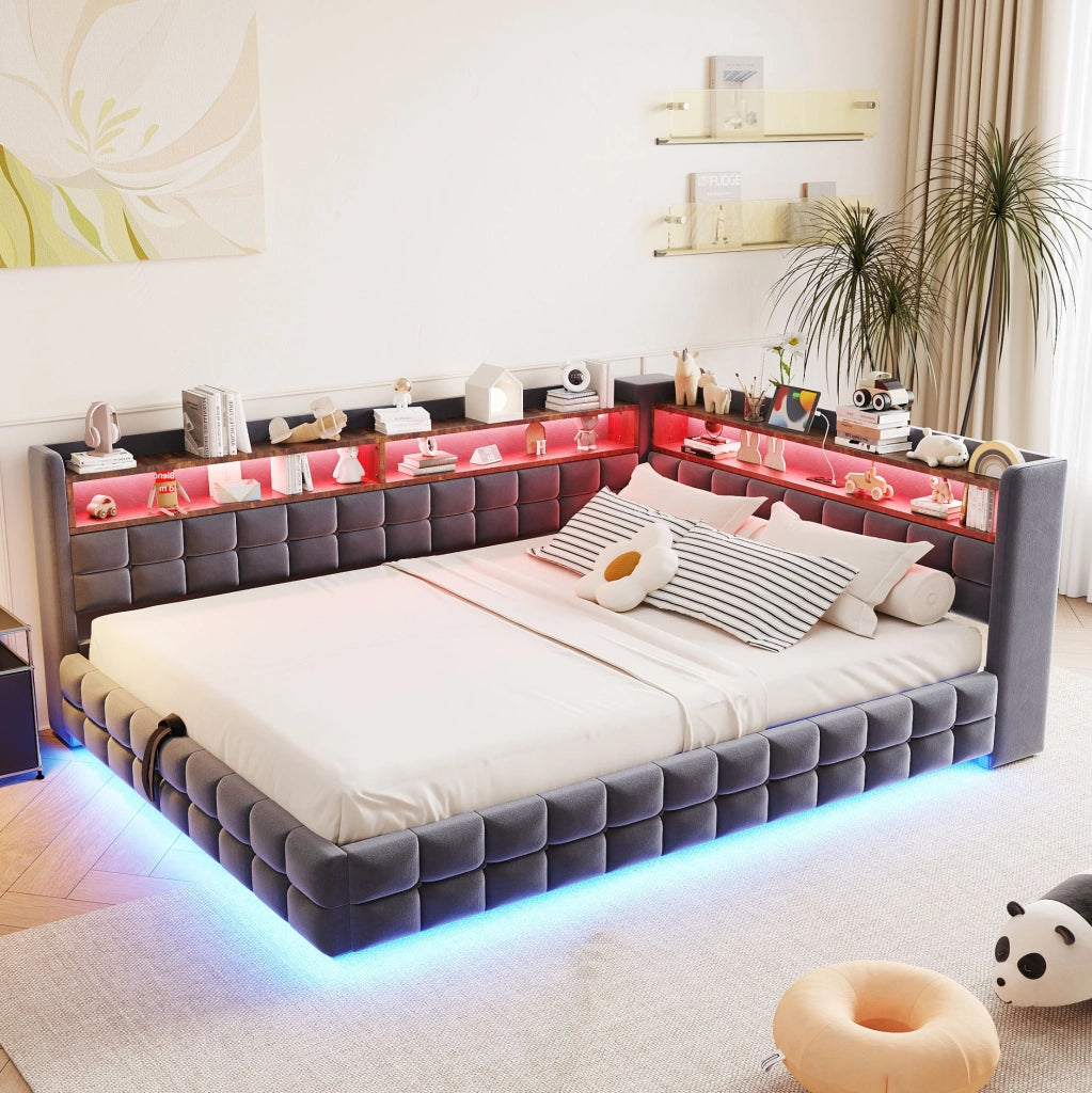 Divano letto 140x200 cm con vano idraulico; LED e prese USB/USB-C in velluto grigio