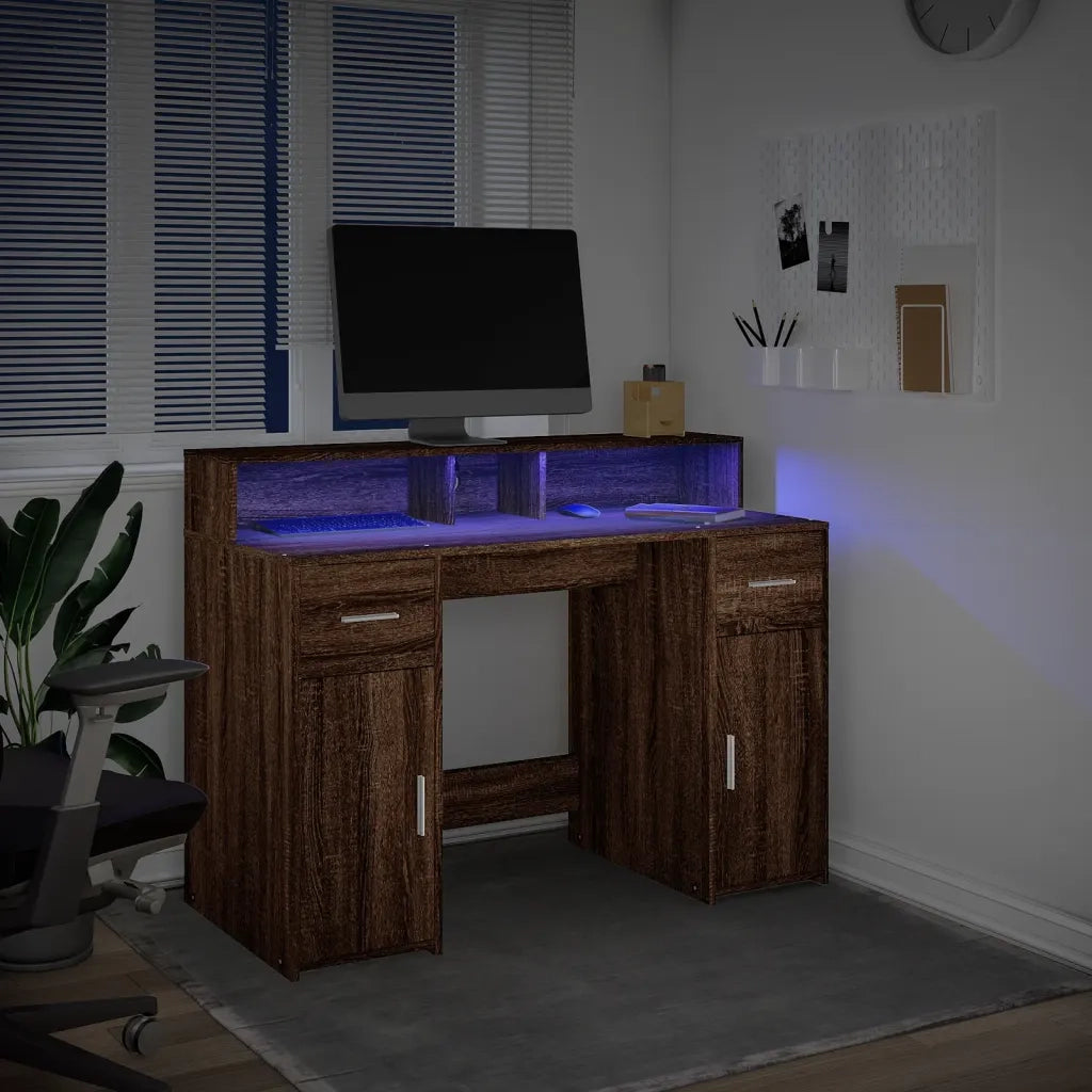 Scrivania con Luci LED Marrone Rovere 120x55x91 cm Multistrato