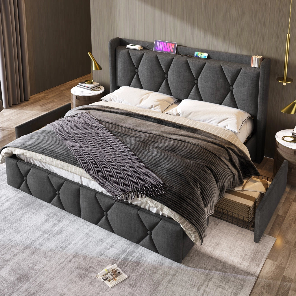 OKWISH Letto con Cassetti 140×200 cm, Letto Matrimoniale con 4 Cassetti, Prese e USB, senza Materasso, in Tessuto Lino, Grigio
