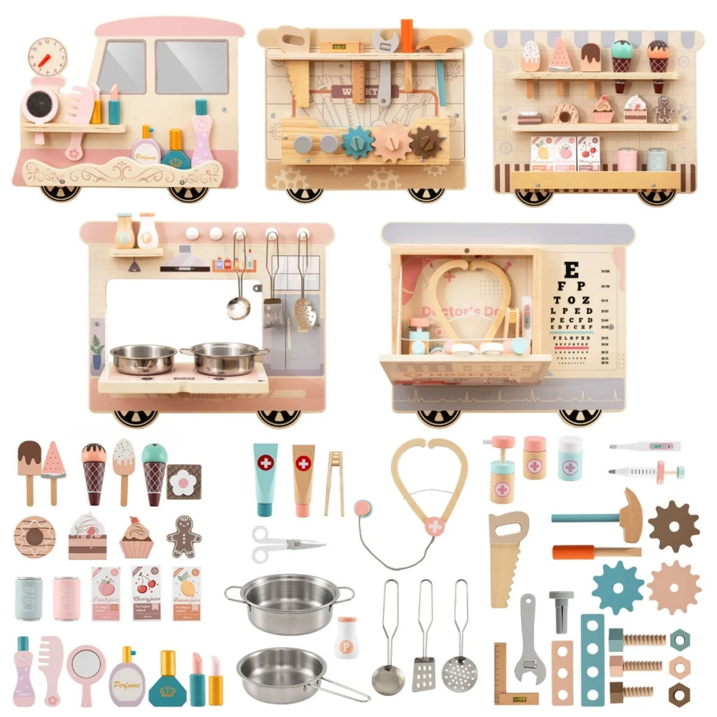 Tavola attività da parete a forma di treno 198 x 32 x 6,5 cm 5 funzioni atmosfera giocosa in MDF macaron 20_0018812