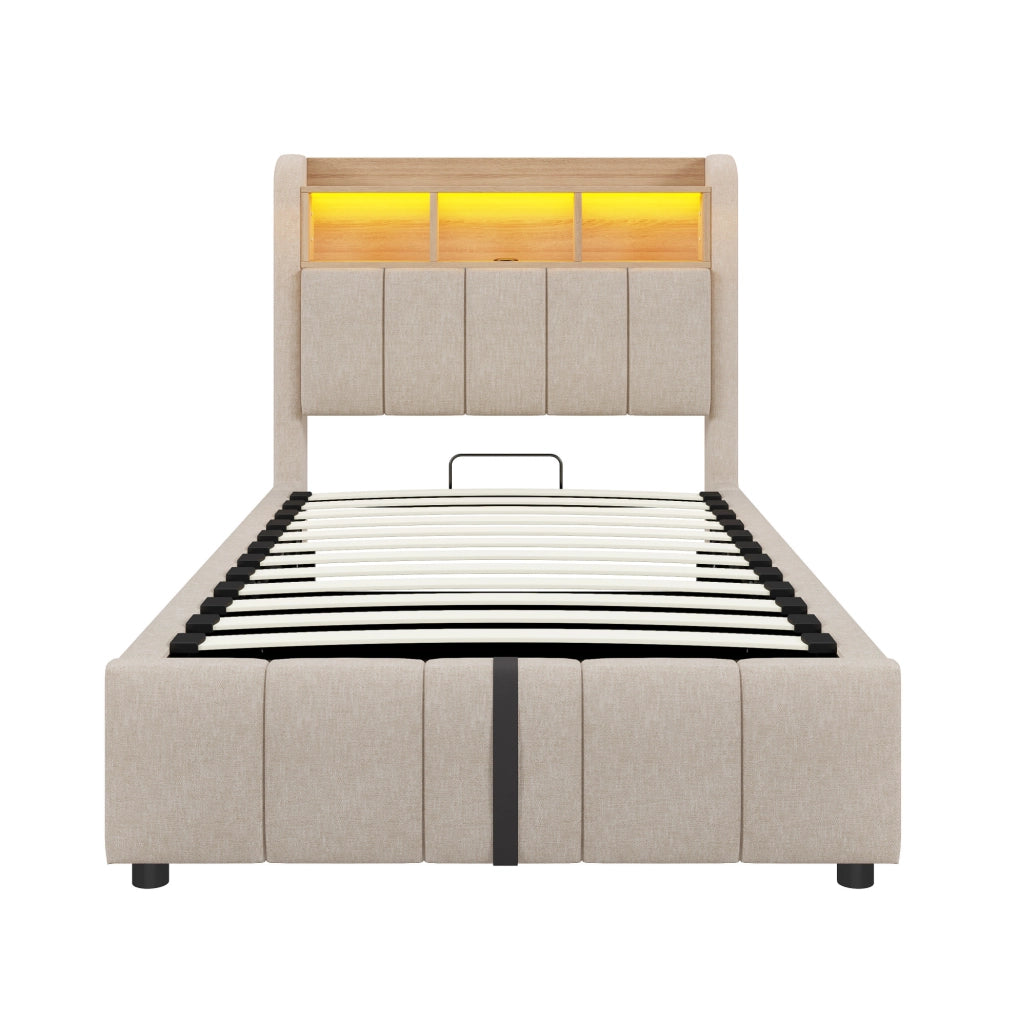 Letto imbottito 90x200 cm con LED; contenitore in lino beige