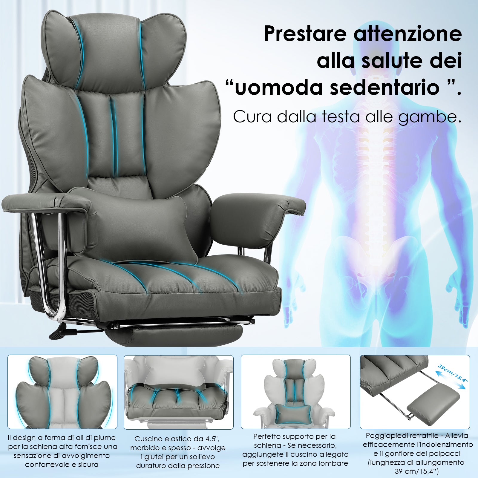 Sedia da Ufficio - RATTANTREE - Poltrona presidenziale - Sedia Girevole con Schienale Alto in Pelle, con Poggiatesta, Bracciolo e Poggiapiedi Retrattile - Grigio