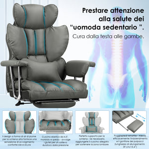 Sedia da Ufficio - RATTANTREE - Poltrona presidenziale - Sedia Girevole con Schienale Alto in Pelle, con Poggiatesta, Bracciolo e Poggiapiedi Retrattile - Grigio