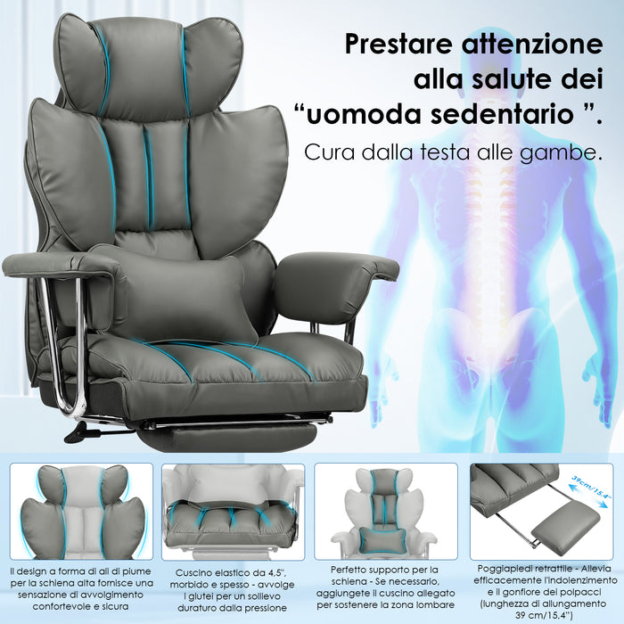 Sedia da Ufficio - RATTANTREE - Poltrona presidenziale - Sedia Girevole con Schienale Alto in Pelle, con Poggiatesta, Bracciolo e Poggiapiedi Retrattile - Grigio