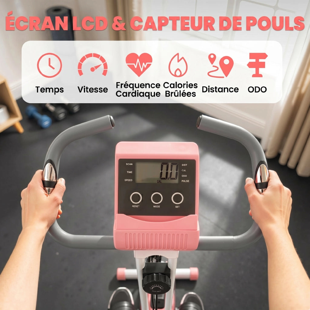 Cyclette Pieghevole 2 in 1. Resistenza Magnetica Regolabile 8 Livelli. Cyclette da Casa Silenziosa con Sensore di Frequenza Cardiaca. Elastici per Braccia. Schermo LCD. Volano 2.5kg. Rosa