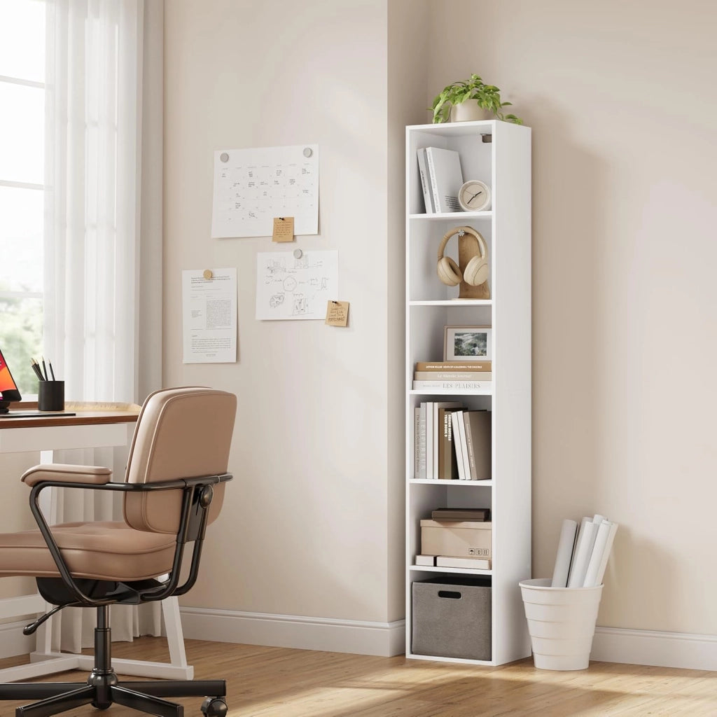 Libreria Verticale a 6 Cubi, Scaffale Alto e Stretto a Colonna, Porta CD e Libri, Mobile Bianco Moderno per Camera, Soggiorno e Ufficio, 30x24x158,5cm SK003ws6