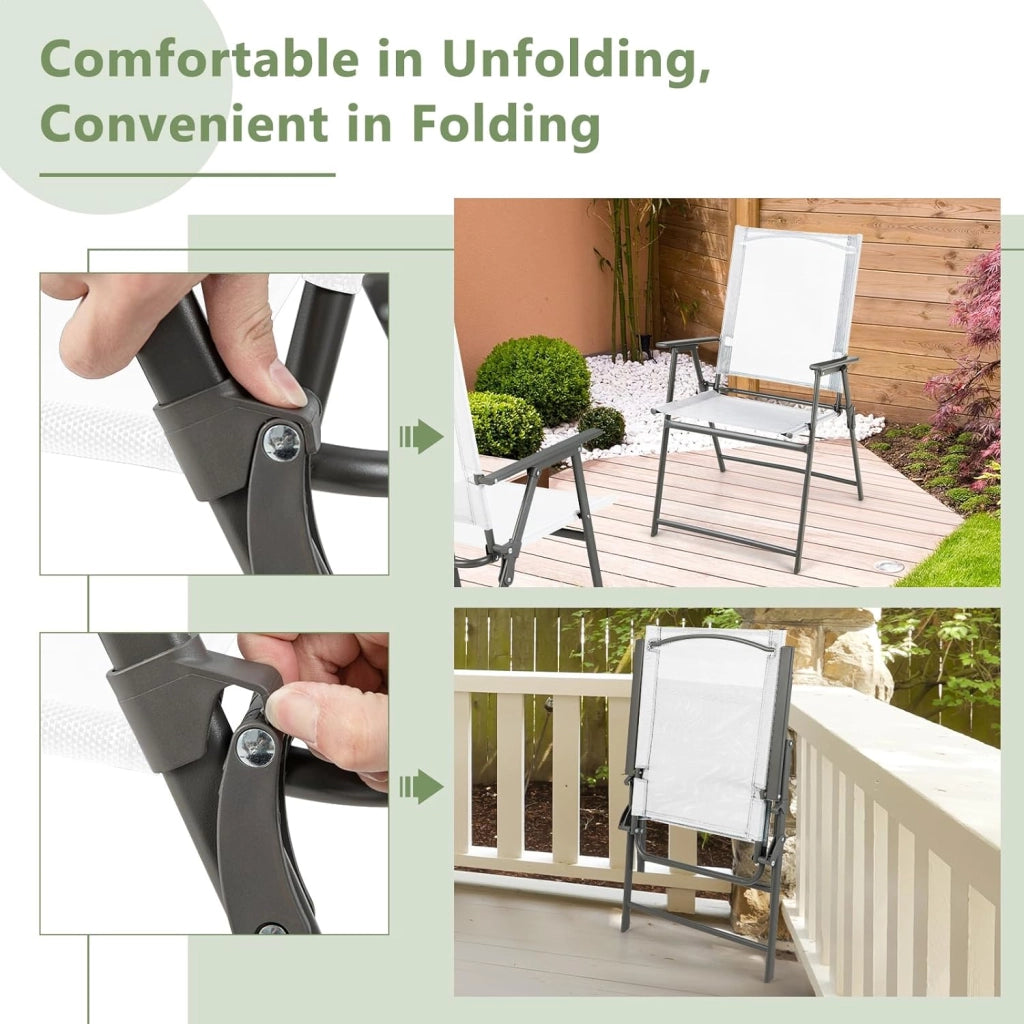 Set di 4 sedie da giardino pieghevoli, con schienale alto e bracciolo, in metallo e tessuto, portata fino a 150 kg (bianco, 4)