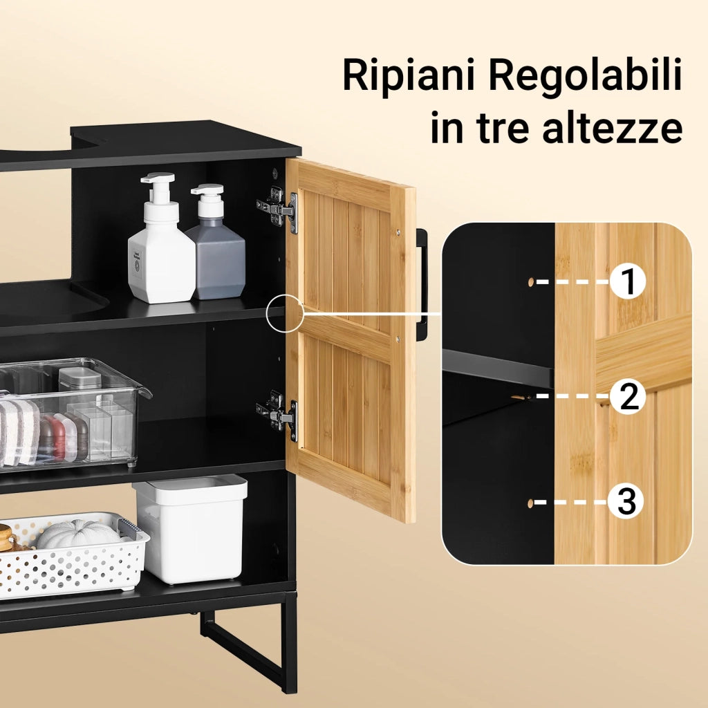 SoBuy Mobile Sottolavabo Bagno 60 cm Mobiletto Salvaspazio con Ante in Bambù e Piedini in Metallo Armadietto Moderno Sotto Lavabo per Bagno Piccolo BZR202-SCH