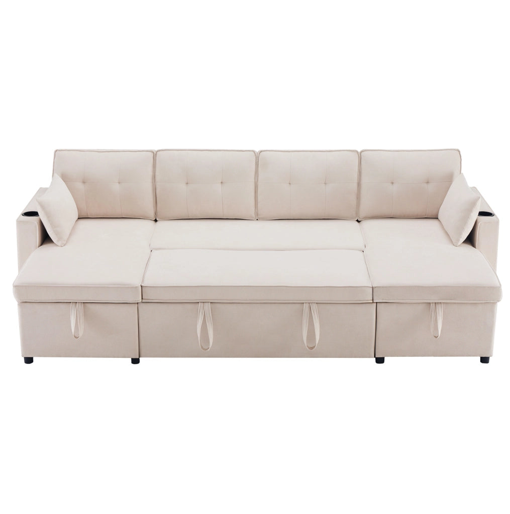 Divano letto a U 270 cm beige con contenitore e portabicchieri