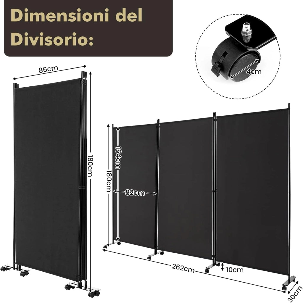 Paravento da Interno in Metallo, Separé Divisorio Interno Pieghevole con Piedini Stabili, Pannelli Divisori per Interni per Casa e Ufficio (Nero, 262 x 180 cm (3 Pannelli con ruote))
