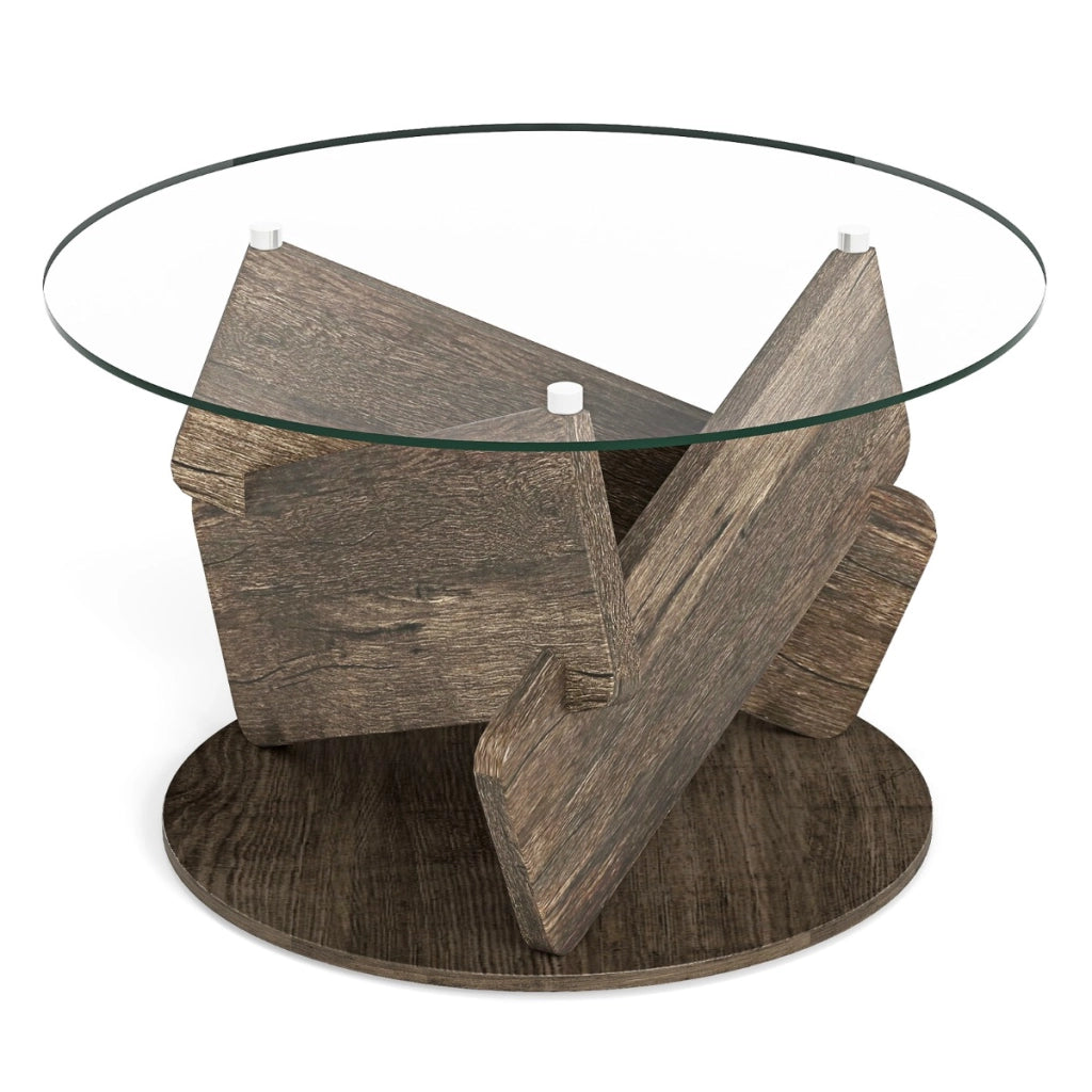 Tavolino rustico con piano in vetro temperato trasparente gambe in legno e dimensioni 81 cm, Tavolino da caff¨¨ rotondo Grigio-Tavolini da salotto