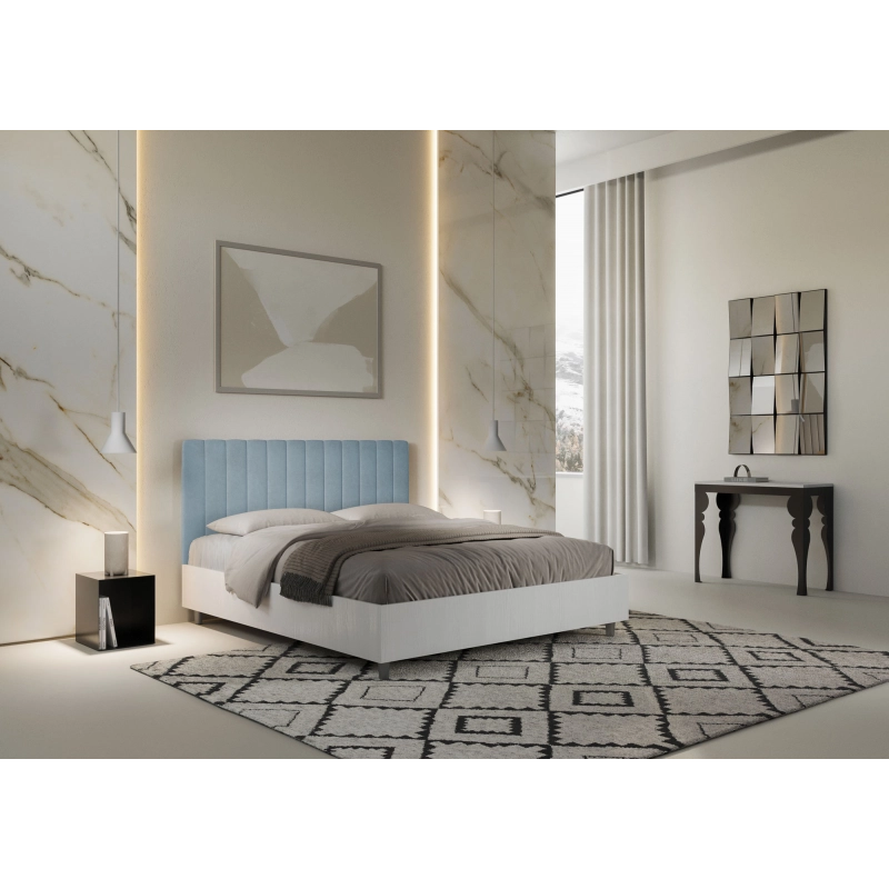 Letto Matrimoniale 160x200 cm struttura bianco frassino testata Kaia - Contenitore,Microfibra,Azzurro