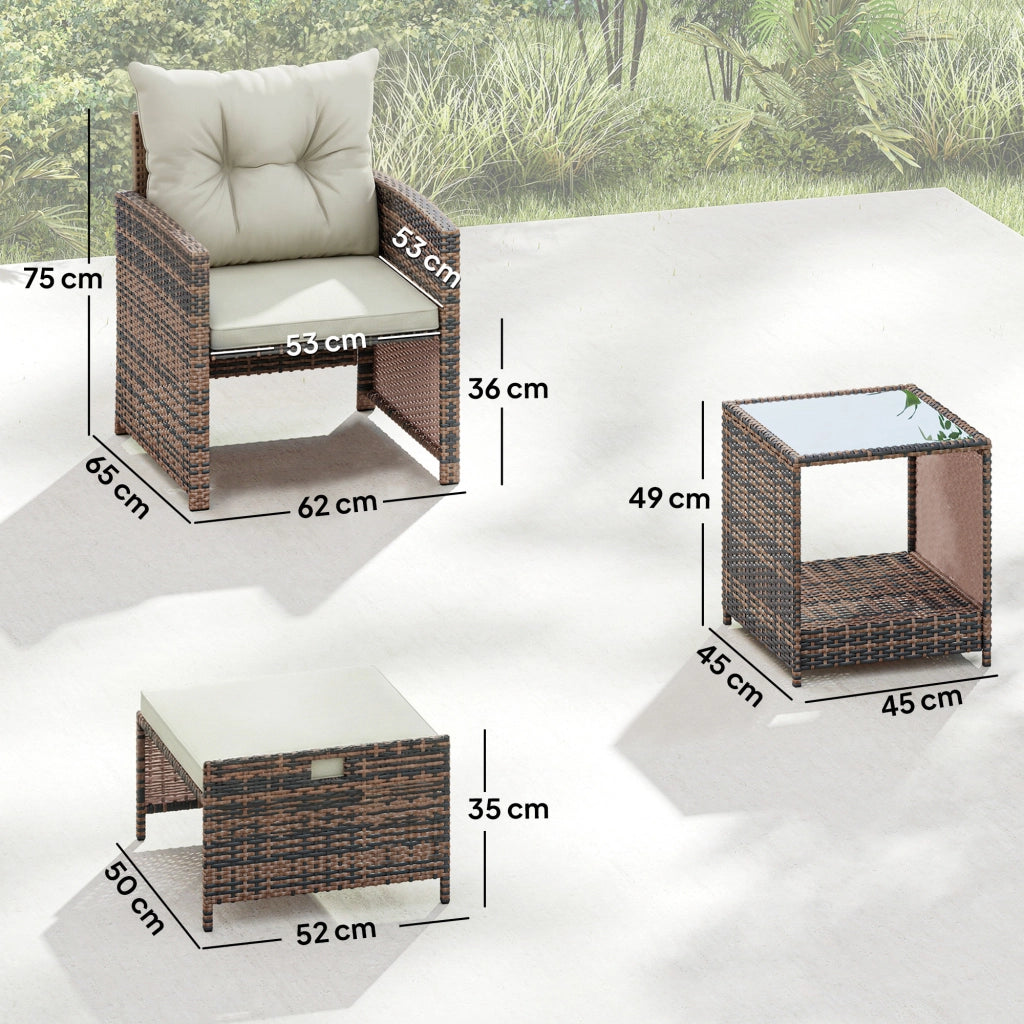 Set Giardino in PolyRattan e Acciaio 5 Pezzi con 2 Sedie, 2 Pouf e Tavolino da Caff¨¨ ¨C ZephMum ¨C Marrone e Crema