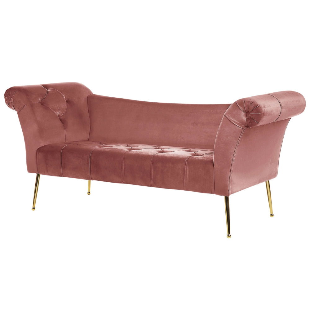 Chaise longue con tappezzeria in velluto rosa Seduta capitonné a doppia estremità con gambe in metallo dorato