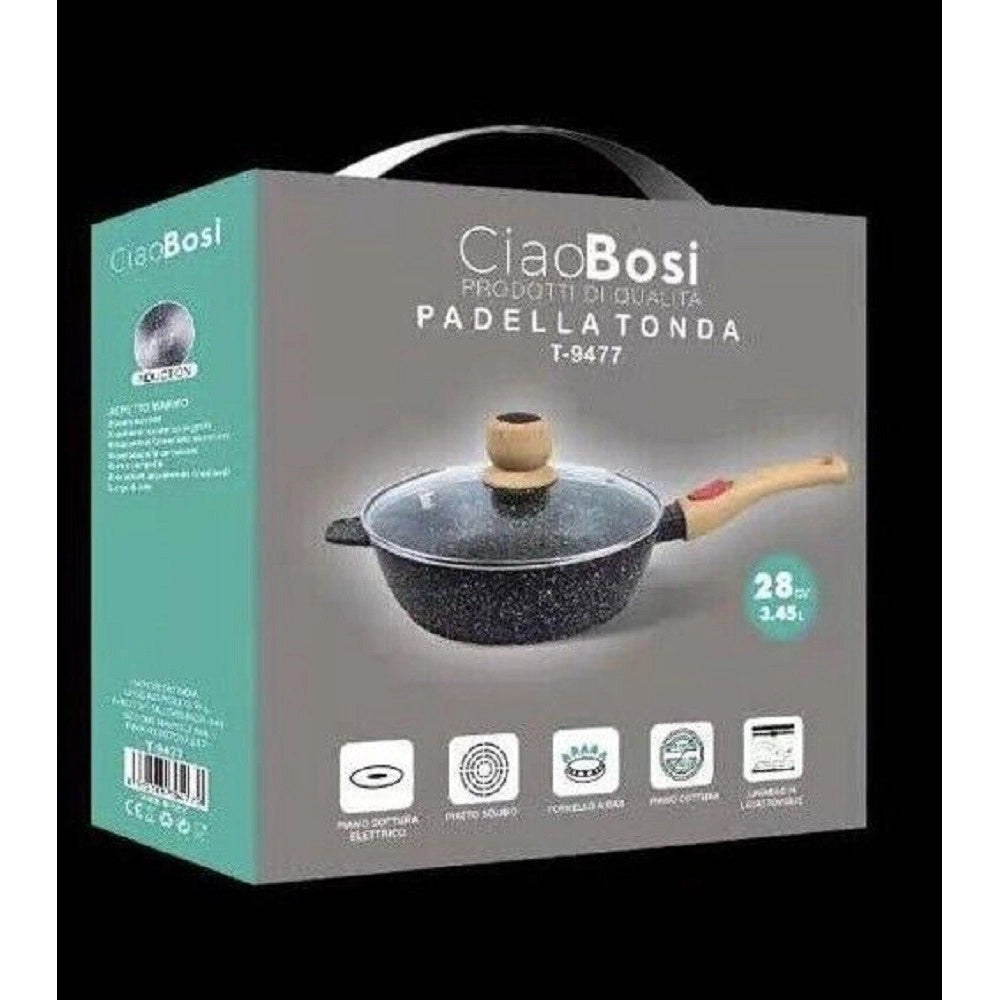 Trade Shop - Padella Tonda Con Manico In Legno Coperchio In Vetro 28cm 3,45lt Cucina T-9477 -
