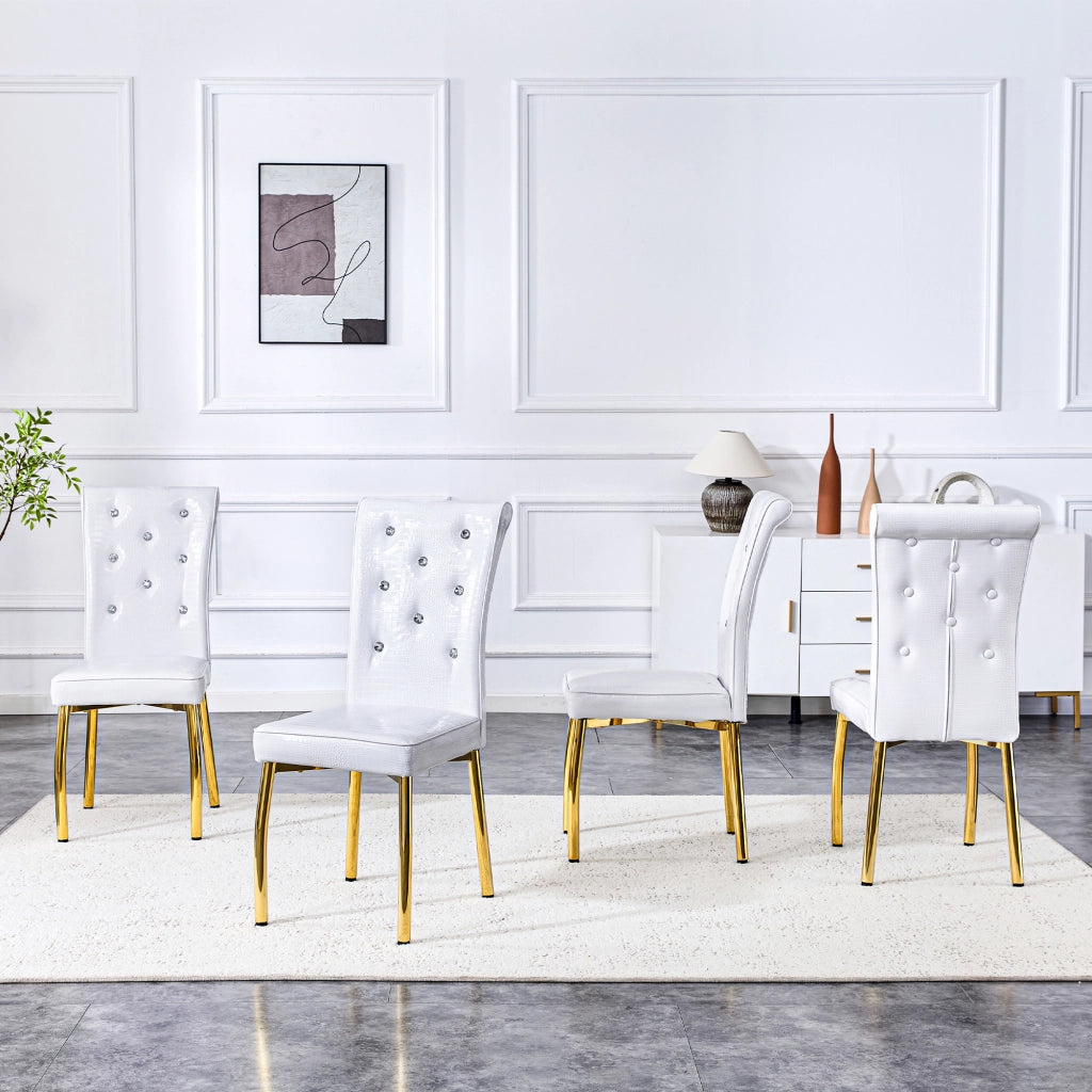 Sedia da Pranzo Set da 4 con Schienale Imbottito, Piedini Regolabili, in Metallo e PVC Bianco Oro