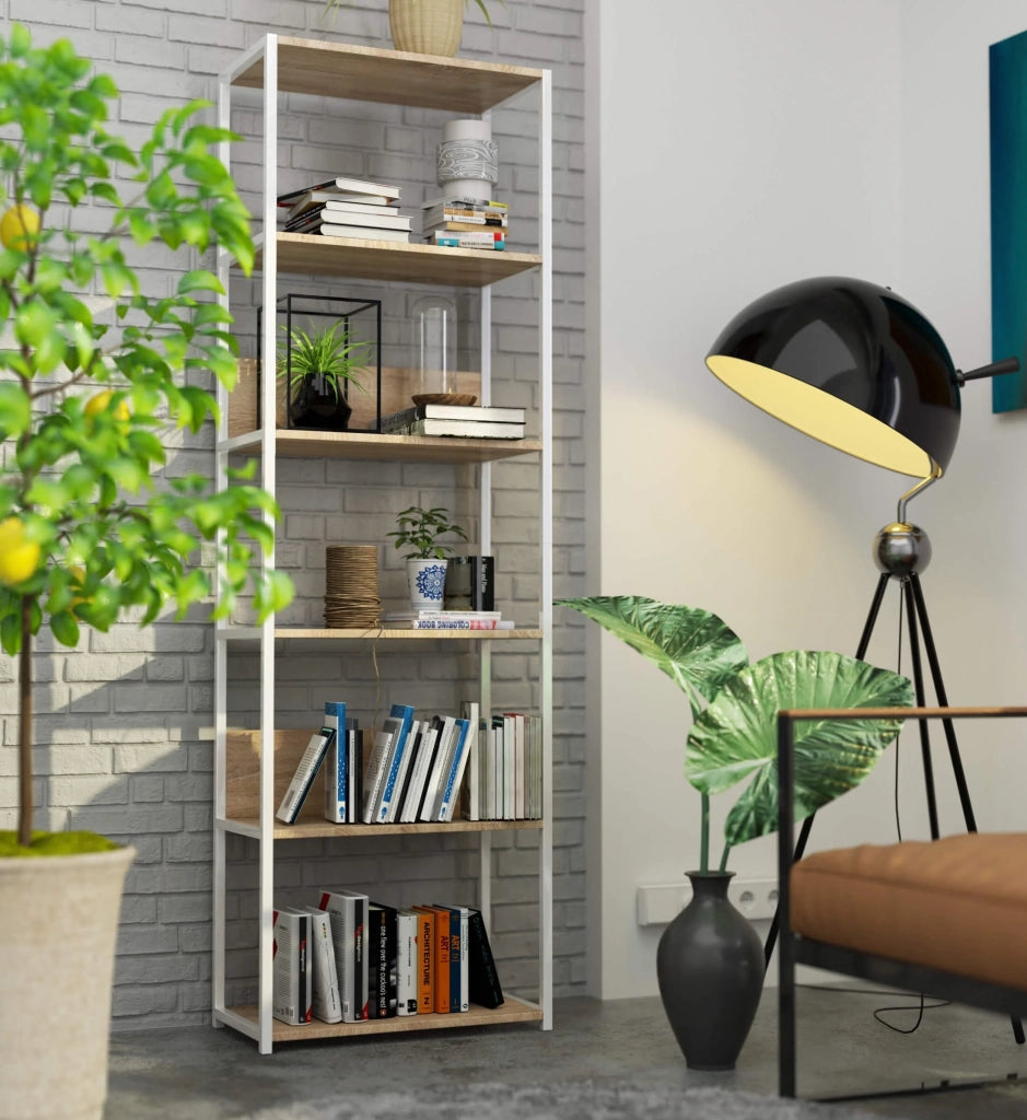 Scaffale stilo loft con ripiani in legno 60 cm Bianca 60 cm inserto frontale Sonoma Quercia 60x32x192 cm