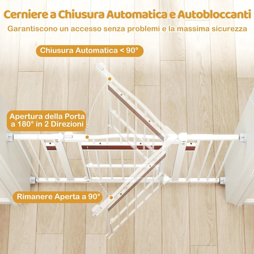 Cancelletto per Cani per Aperture 74-104 cm, Cancello per Cani con Porta Piccola, 2 Estensioni e Doppio Blocco, Cancelletto in Metallo da Interno per Cucina, Scale e Soggiorno (Bianco)