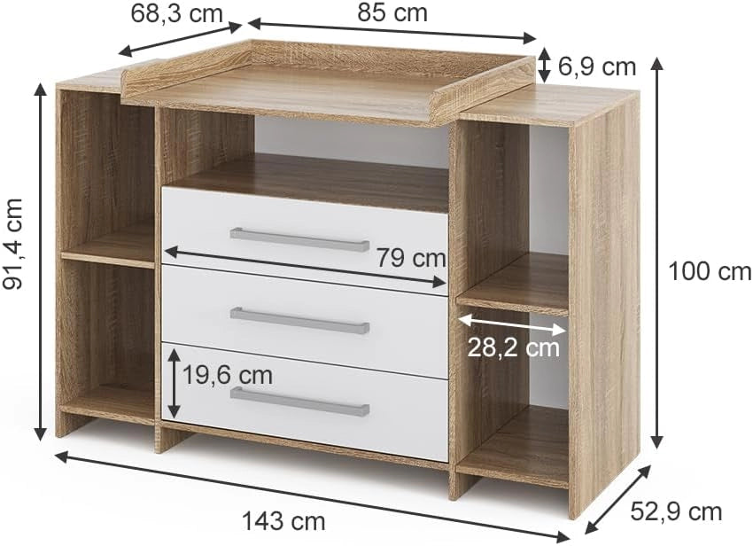 Fasciatoio Oskar, Bianco/Sonoma, 143 x 100 cm XL con cassetti, adatto come fasciatoio con area di appoggio estensibile